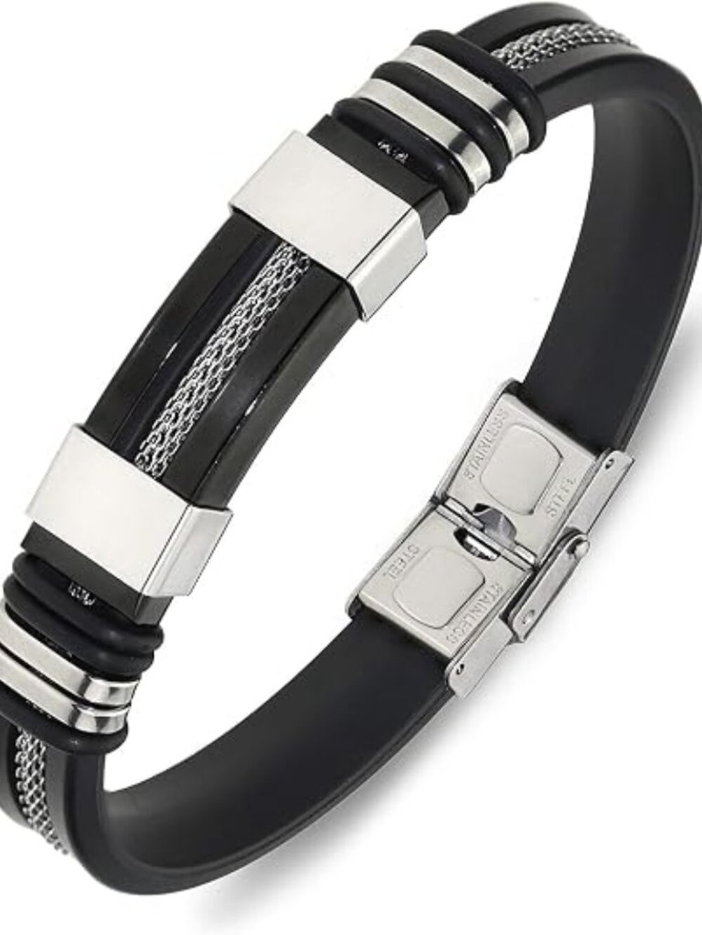 Men's Adjustable Bracelet Silicone Wrap Bracelet Stainless Steel Cuff